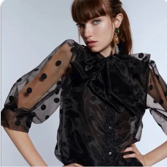 Zara sheer poof short sleeve polka-dot blouse with toe/bow. Black XS - Picture 1 of 8